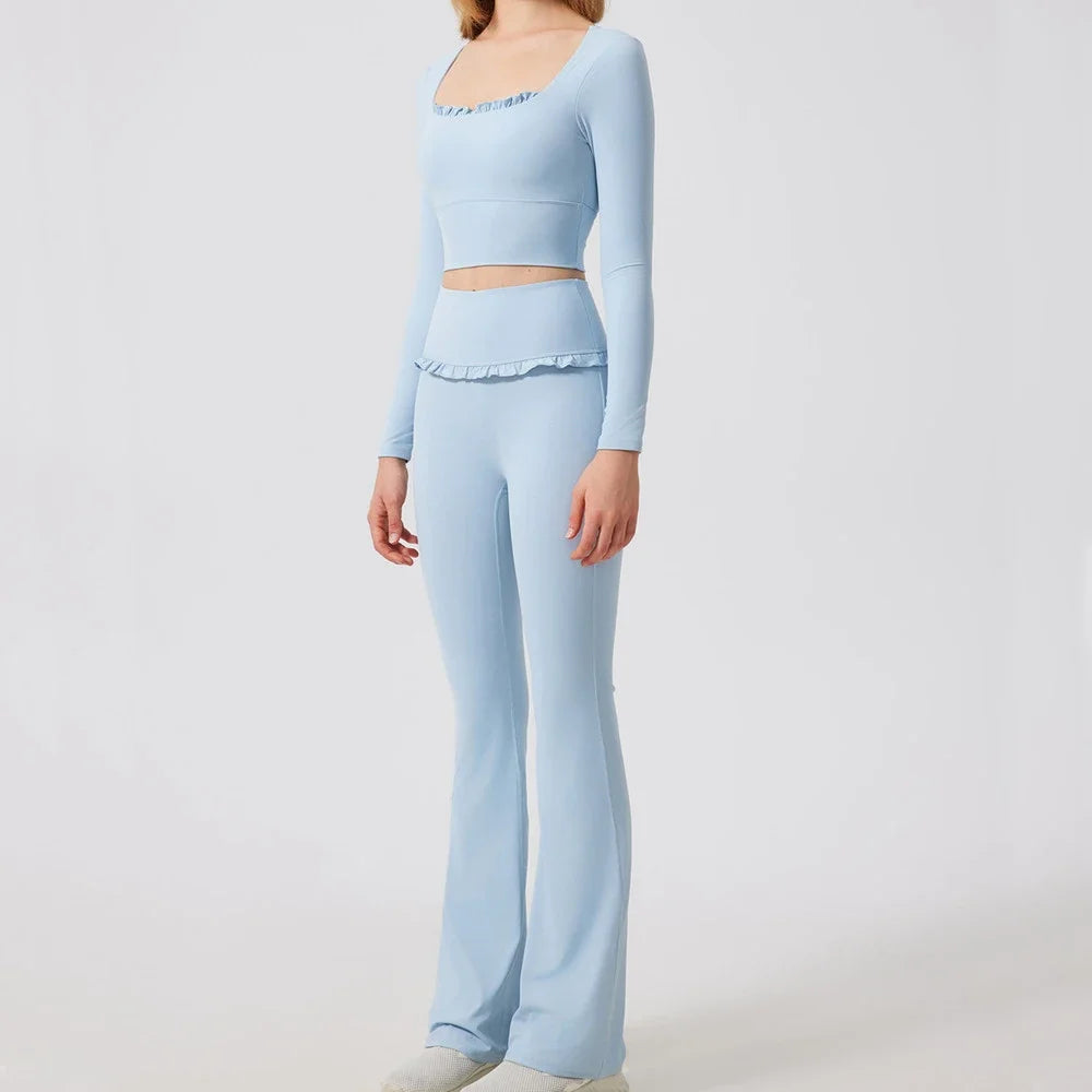 1/2PCS Pad Women Yoga Set Lotus Gym Fitness Long Sleeve Sports Crop Top High Waist Bell Flare Legging Workout Athletic Wear