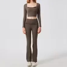 1/2PCS Pad Women Yoga Set Lotus Gym Fitness Long Sleeve Sports Crop Top High Waist Bell Flare Legging Workout Athletic Wear