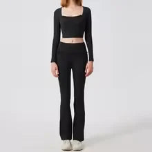 1/2PCS Pad Women Yoga Set Lotus Gym Fitness Long Sleeve Sports Crop Top High Waist Bell Flare Legging Workout Athletic Wear