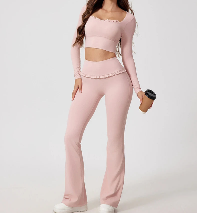 1/2PCS Pad Women Yoga Set Lotus Gym Fitness Long Sleeve Sports Crop Top High Waist Bell Flare Legging Workout Athletic Wear